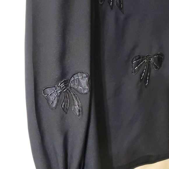 Vintage Nilani Black Long Sleeve Satin Blouse with Beaded Bows Sz 2 - Picture 11 of 12